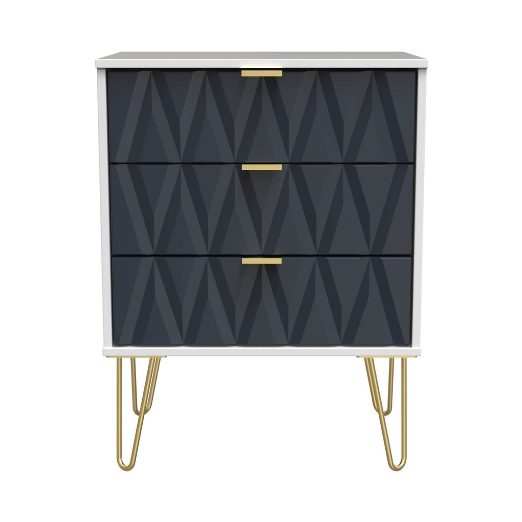 Commode Geo à 3 tiroirs, mi-mollet, avec pieds épingle dorés