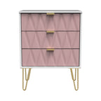 Commode Geo à 3 tiroirs, mi-mollet, avec pieds épingle dorés