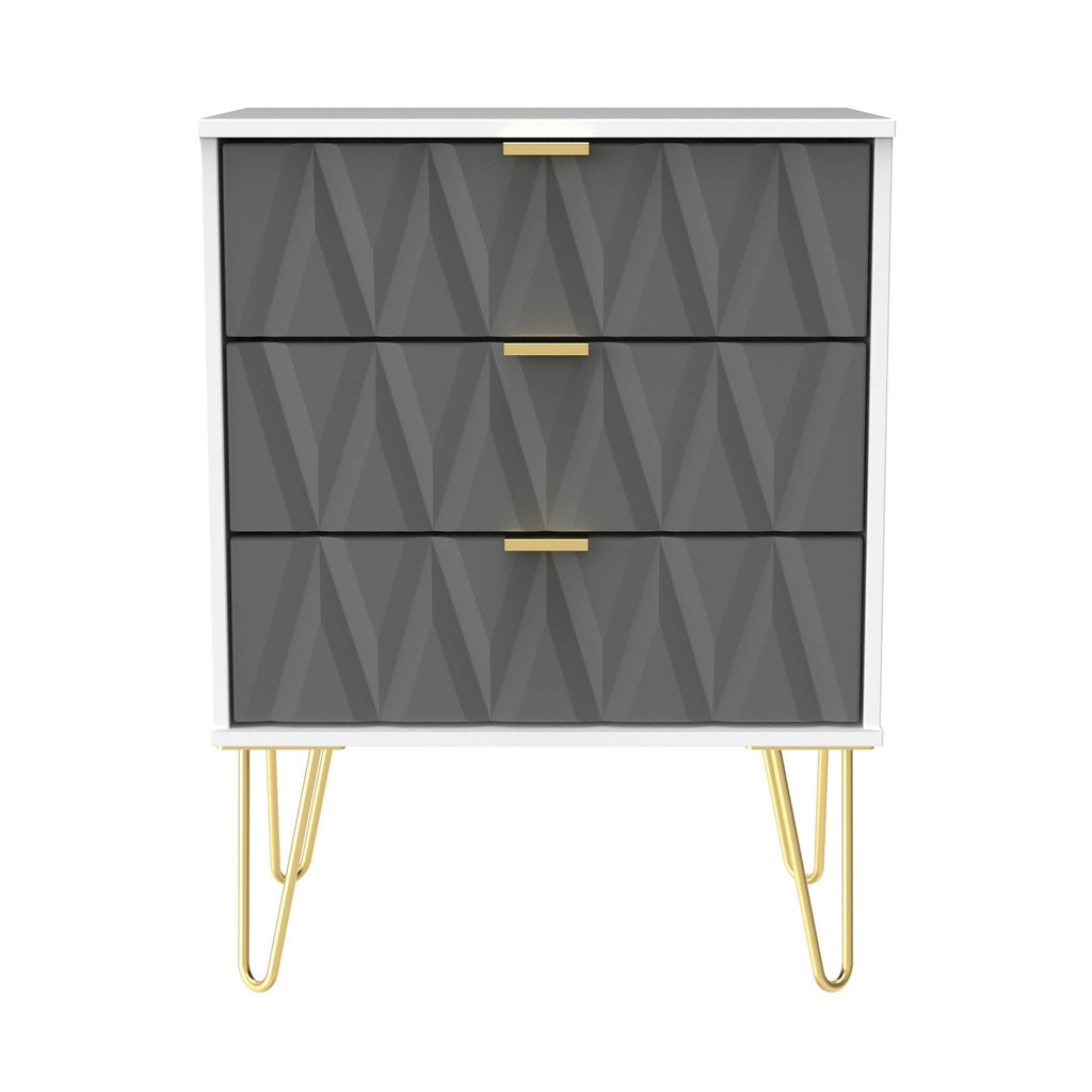 Commode Geo à 3 tiroirs, mi-mollet, avec pieds épingle dorés