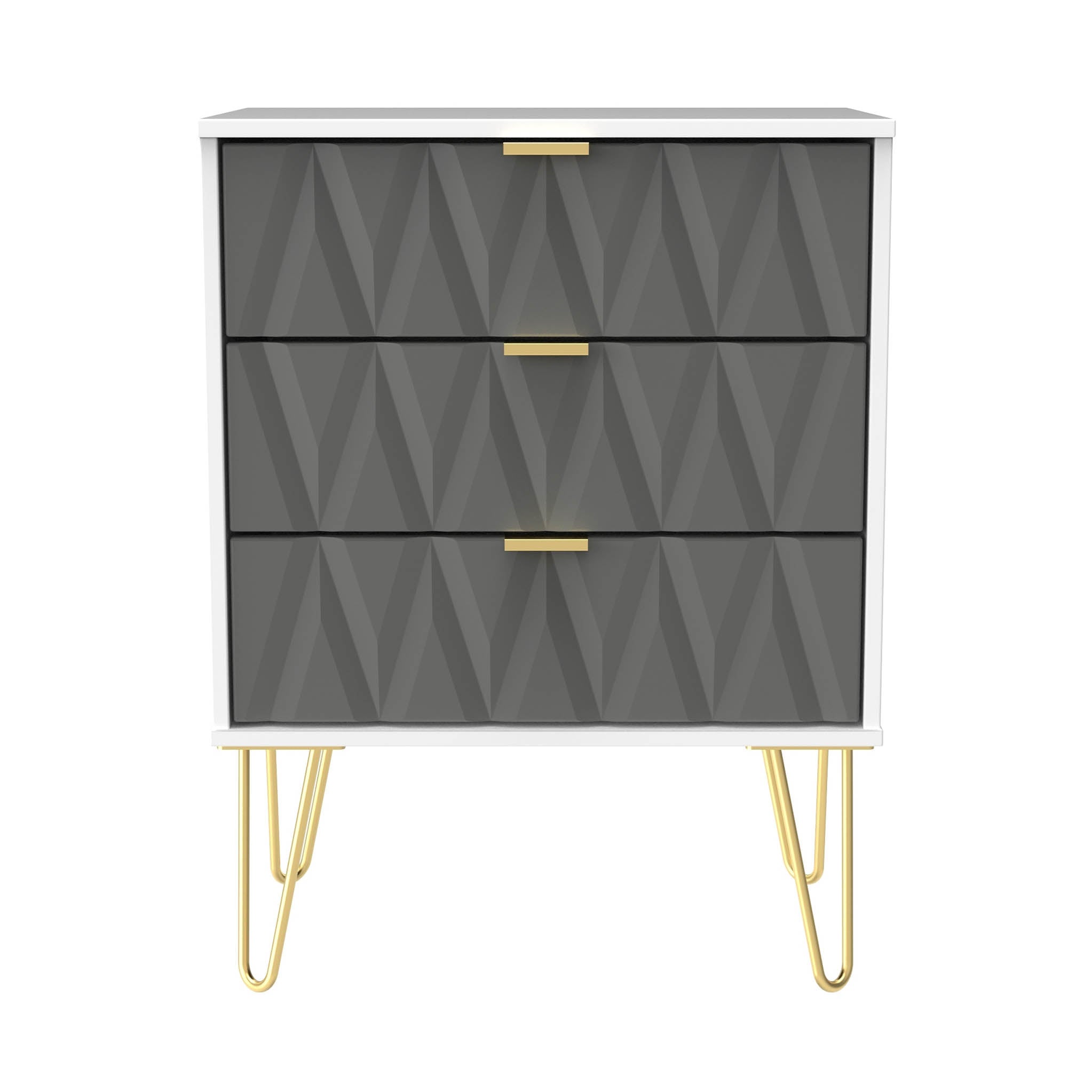 Commode Geo à 3 tiroirs, mi-mollet, avec pieds épingle dorés