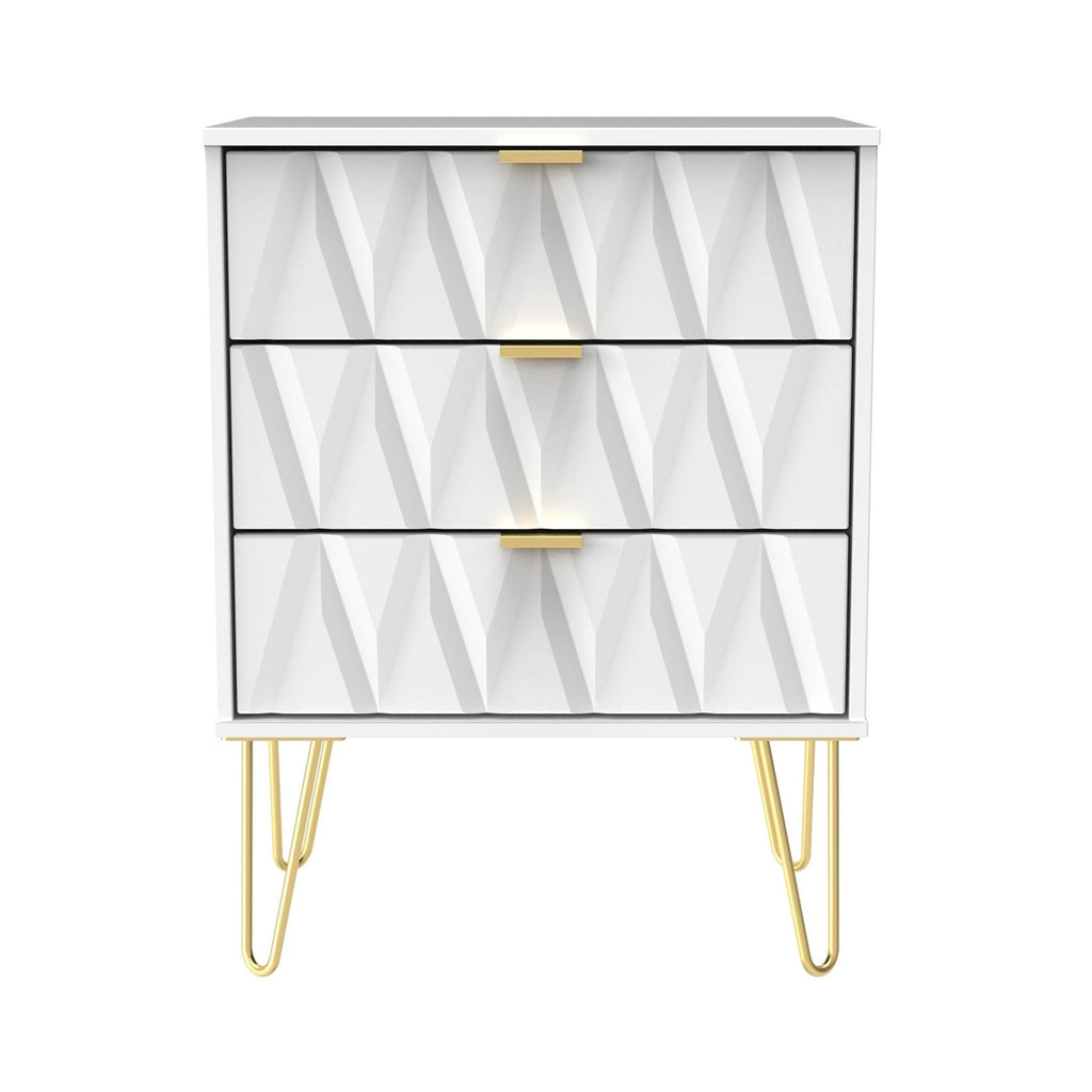 Commode Geo à 3 tiroirs, mi-mollet, avec pieds épingle dorés