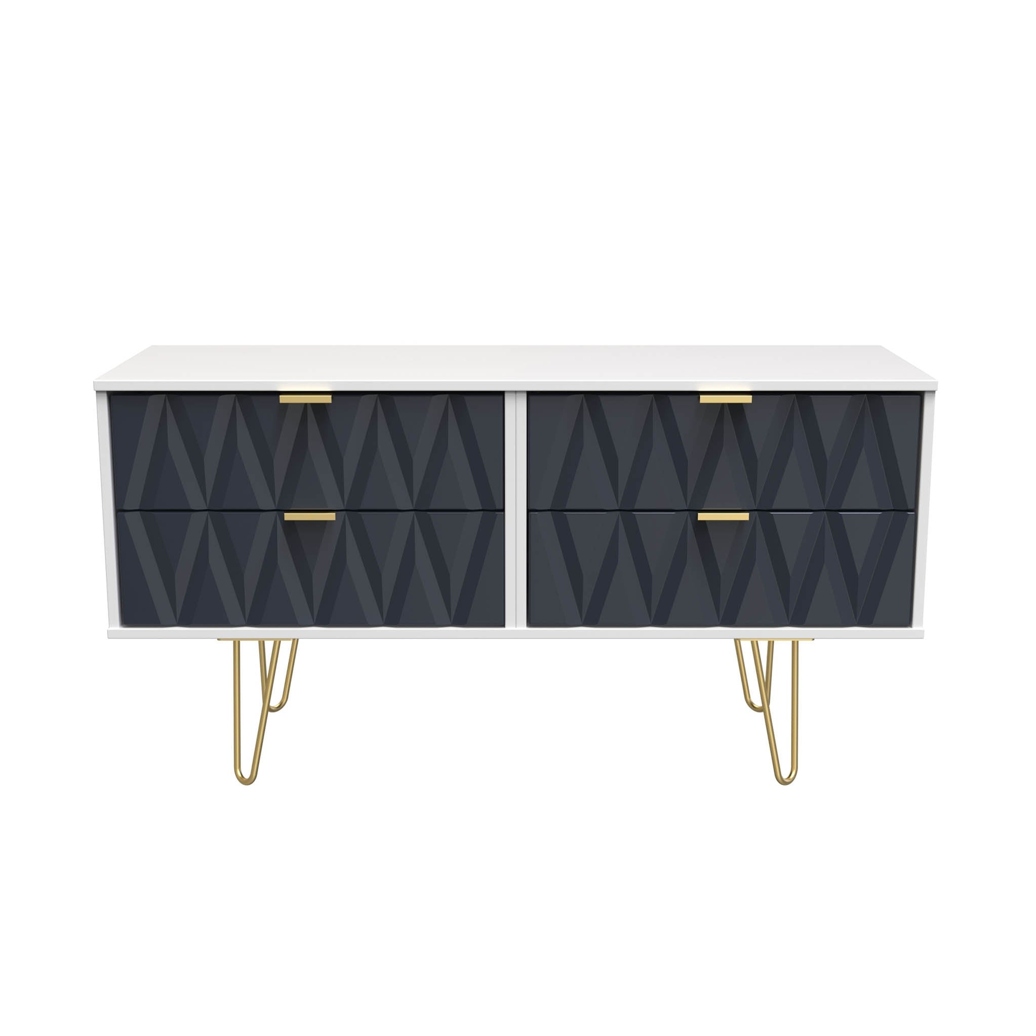 Meuble TV bas Geo à 4 tiroirs avec pieds en épingle à cheveux dorés