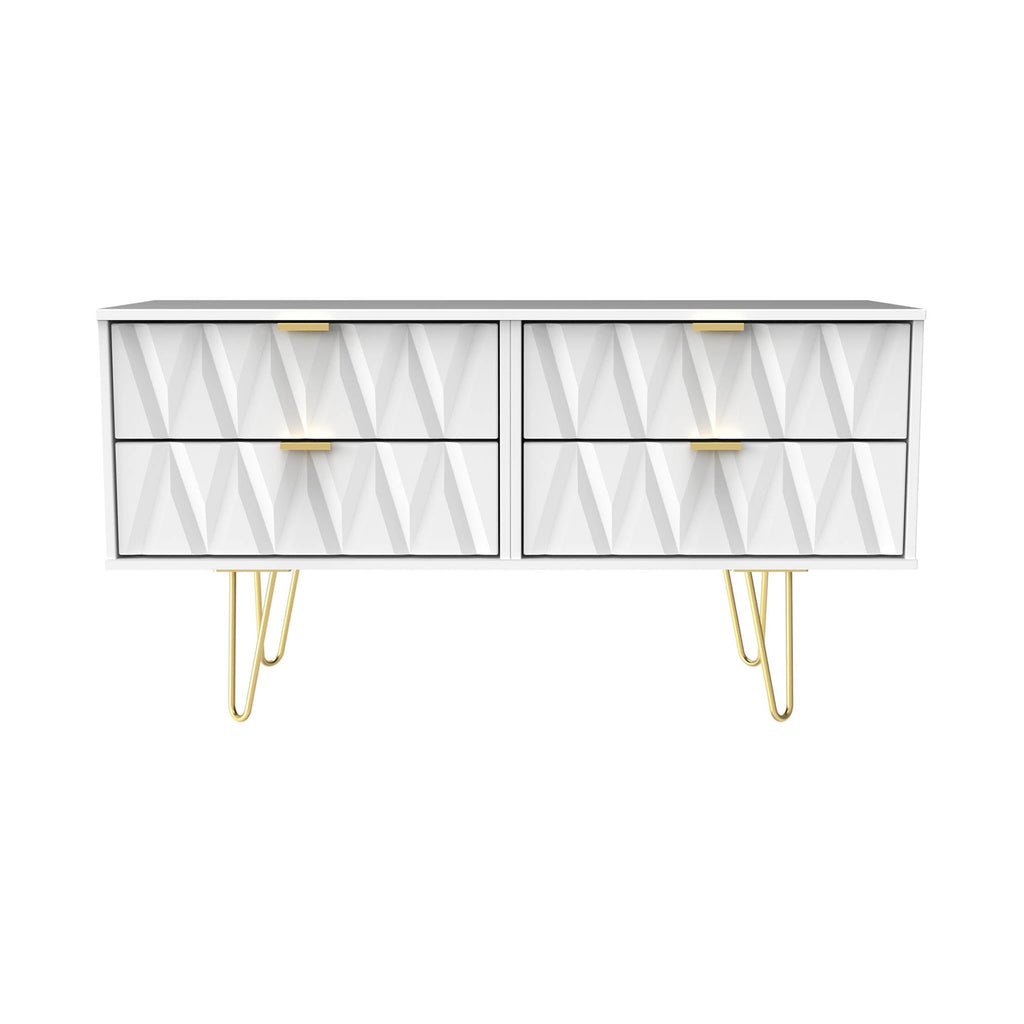 Meuble TV bas Geo à 4 tiroirs avec pieds en épingle à cheveux dorés