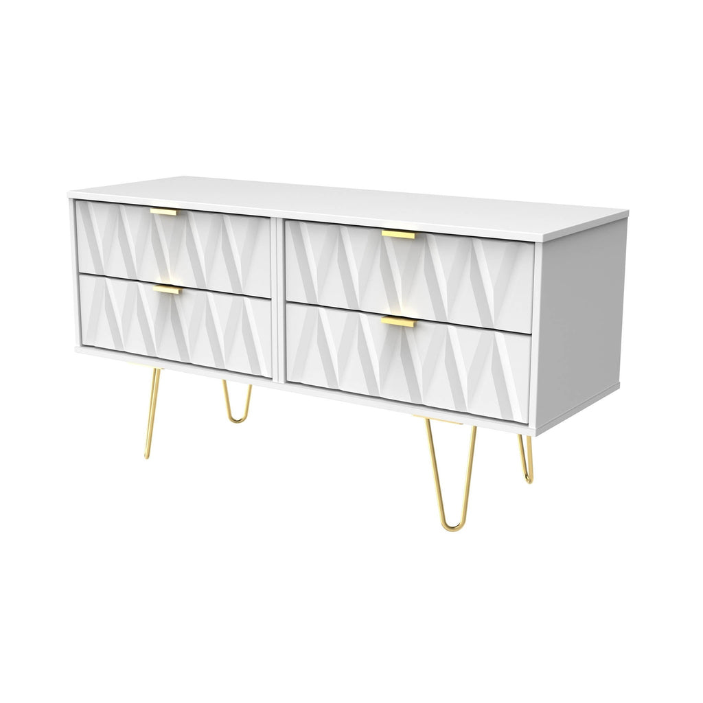 Meuble TV bas Geo à 4 tiroirs avec pieds en épingle à cheveux dorés