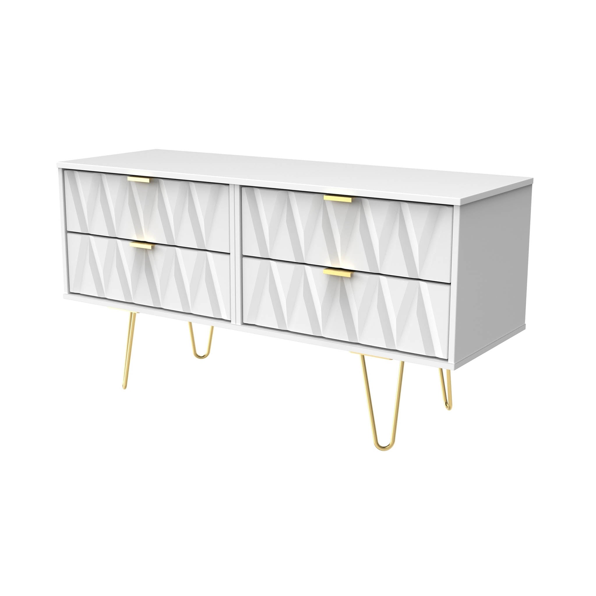 Meuble TV bas Geo à 4 tiroirs avec pieds en épingle à cheveux dorés