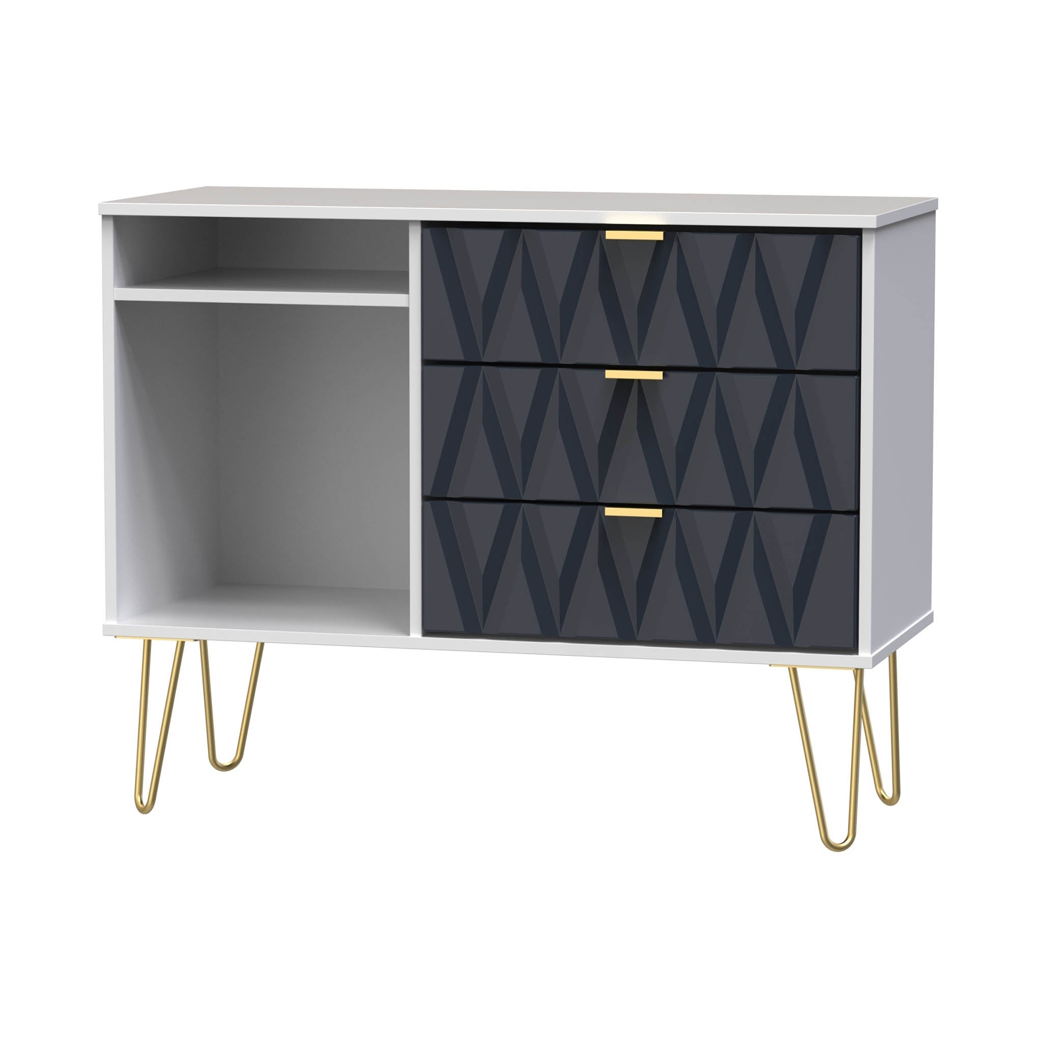 Meuble TV Geo à 3 tiroirs avec pieds en épingle à cheveux dorés