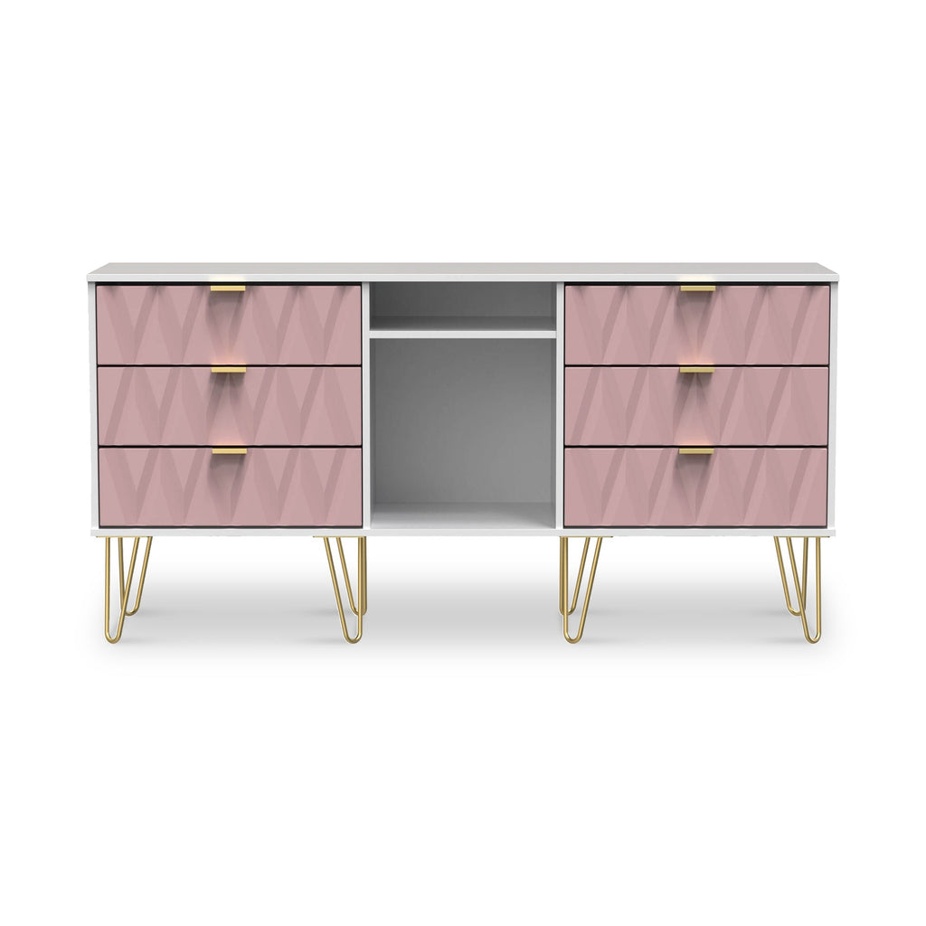 Buffet Geo à 6 tiroirs avec pieds en épingle à cheveux dorés