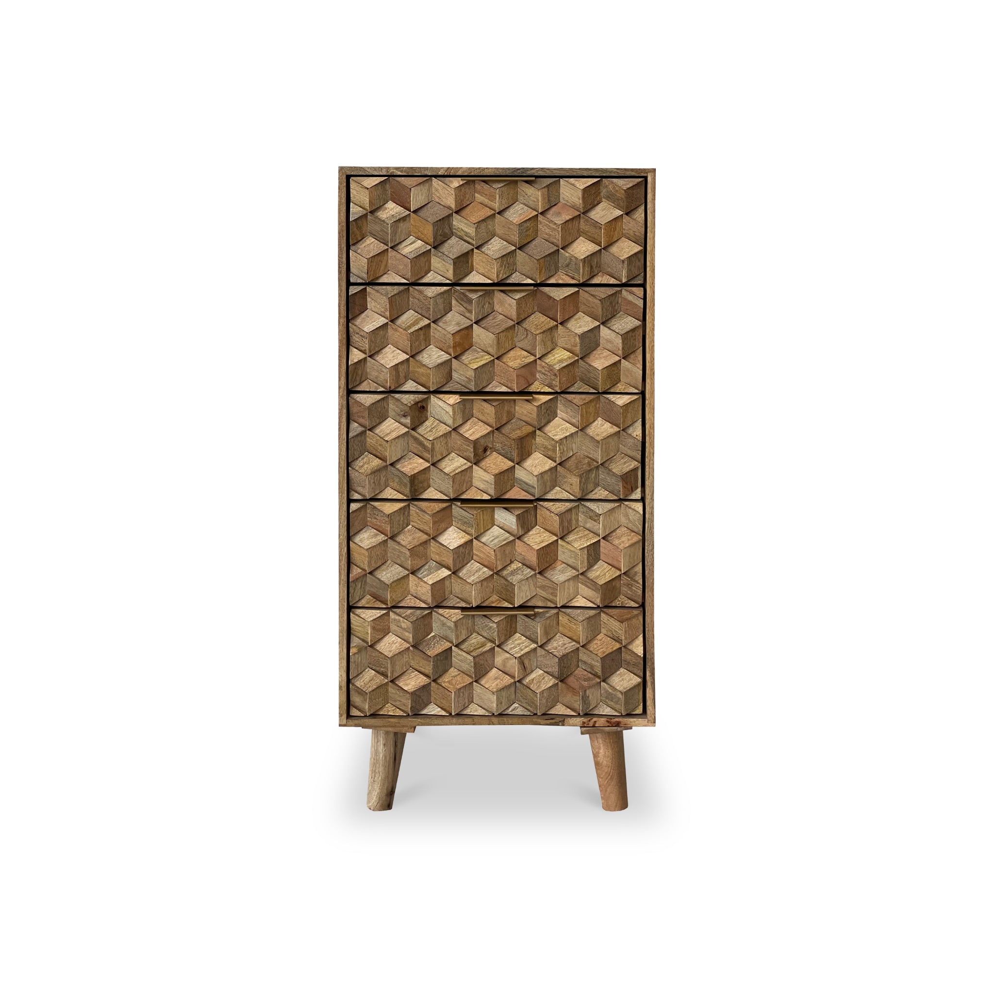 Commode haute Enzo géométrique en bois de manguier à 5 tiroirs