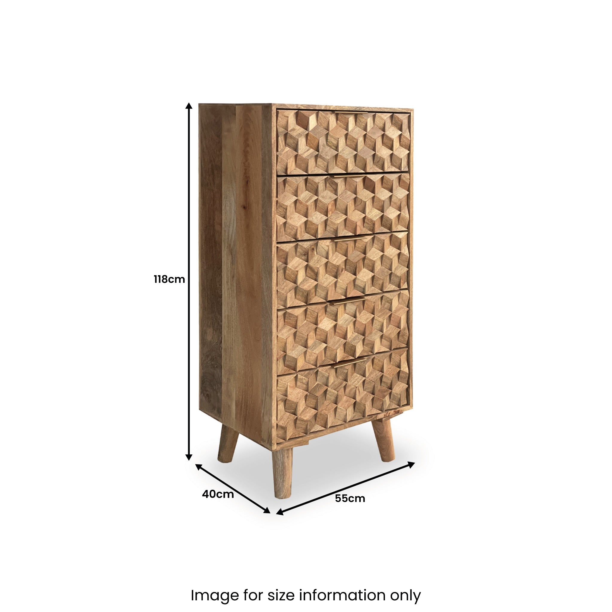 Commode haute Enzo géométrique en bois de manguier à 5 tiroirs