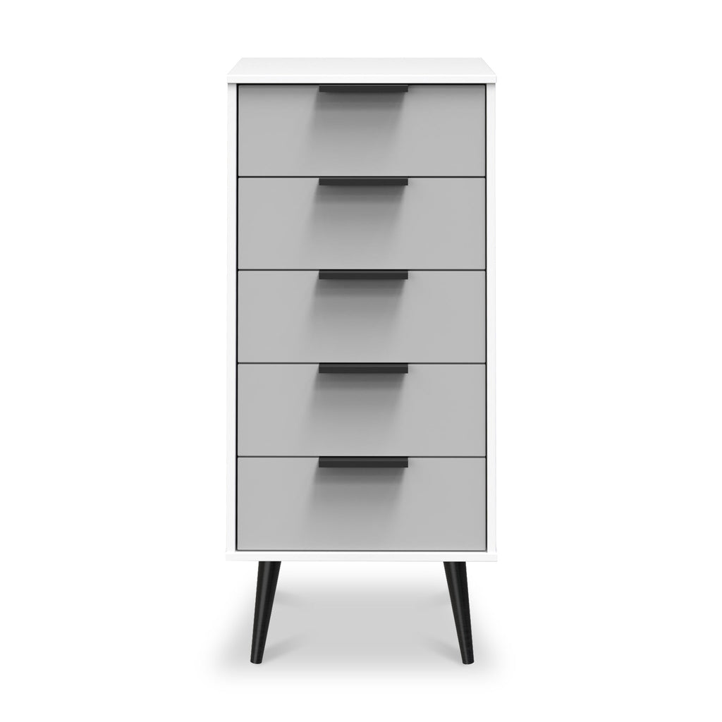 Commode haute Asher blanche à 5 tiroirs avec pieds noirs