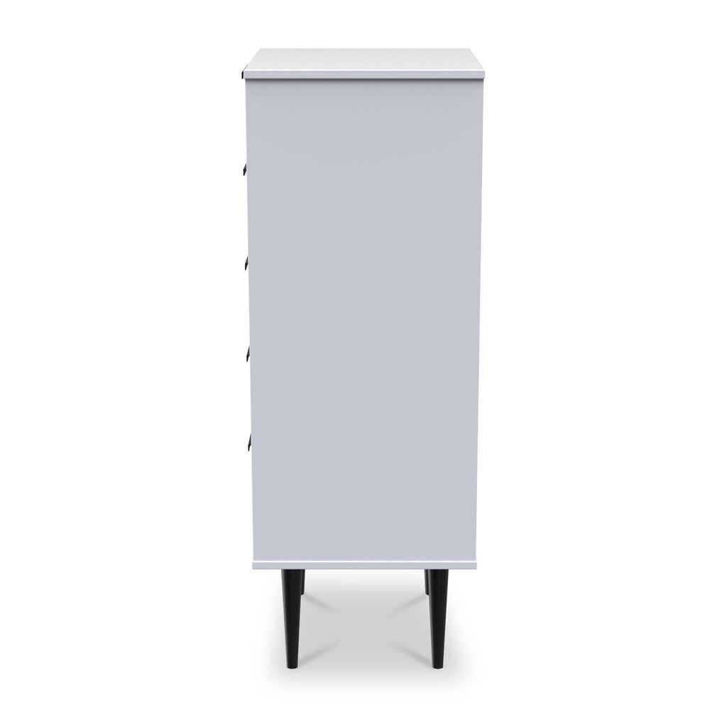 Commode haute Asher blanche à 5 tiroirs avec pieds noirs