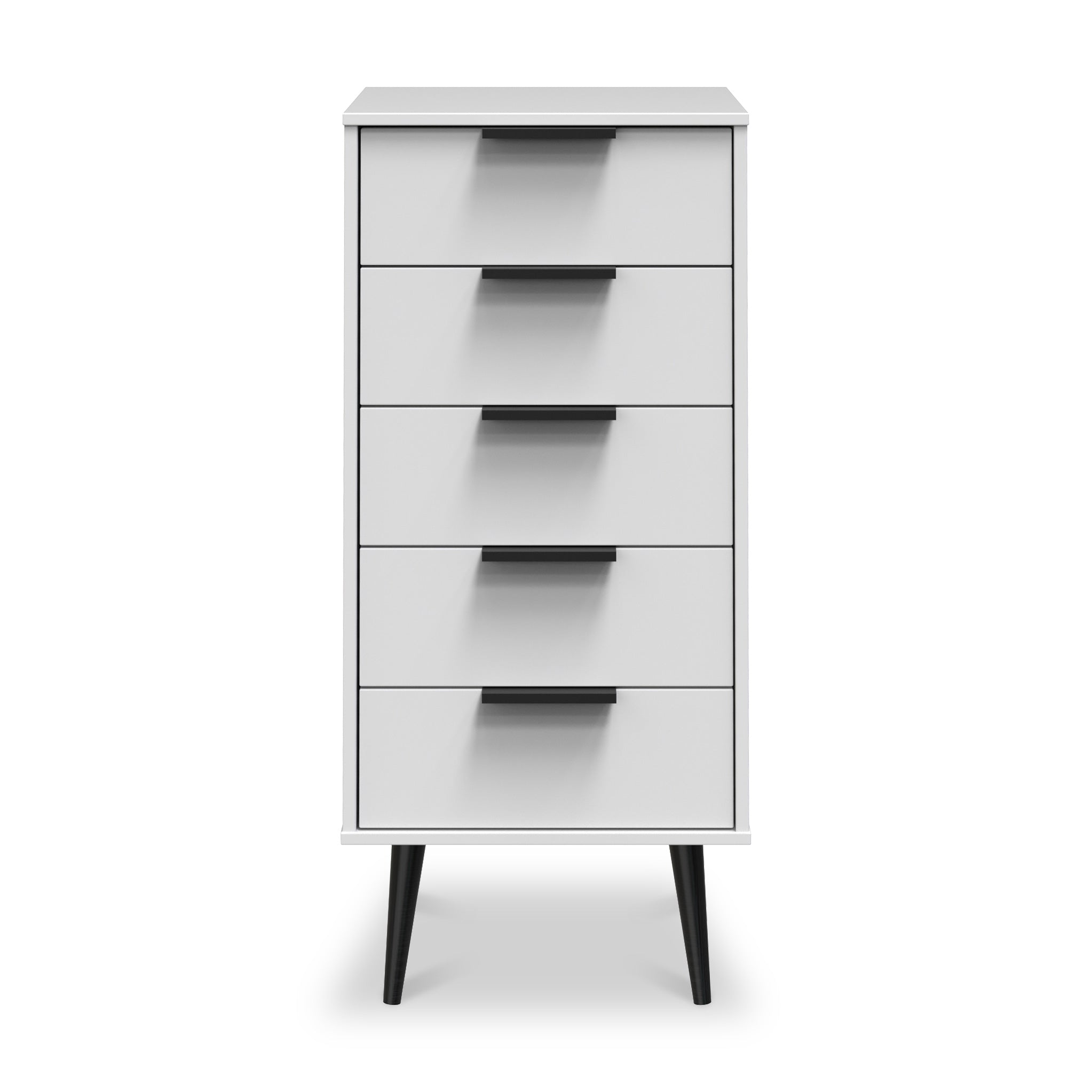 Commode haute Asher blanche à 5 tiroirs avec pieds noirs