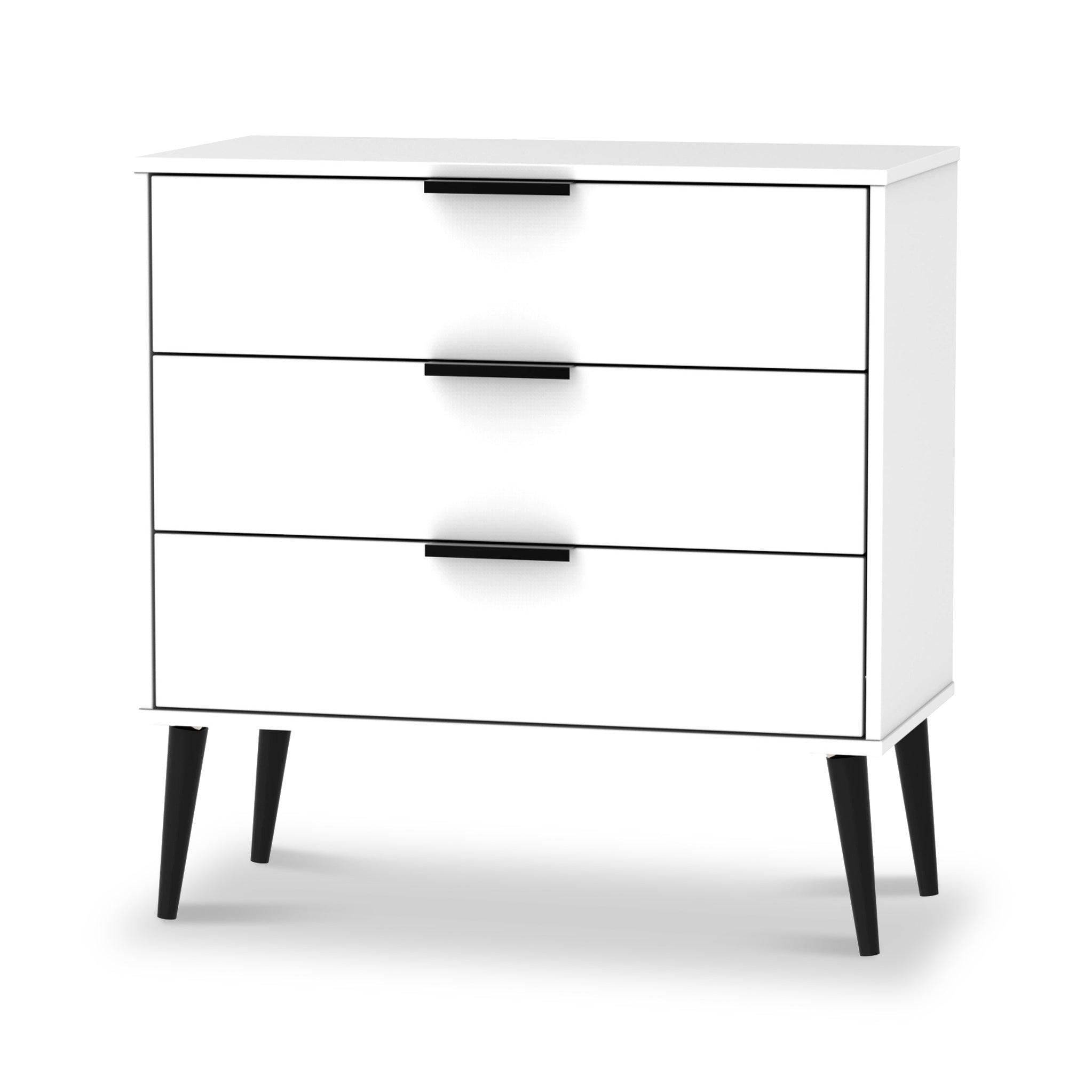 Commode Asher blanche à 3 tiroirs avec pieds noirs