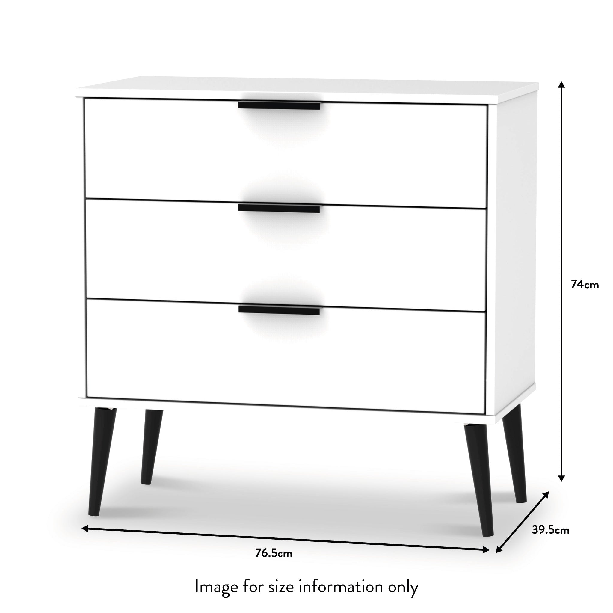 Commode Asher blanche à 3 tiroirs avec pieds noirs