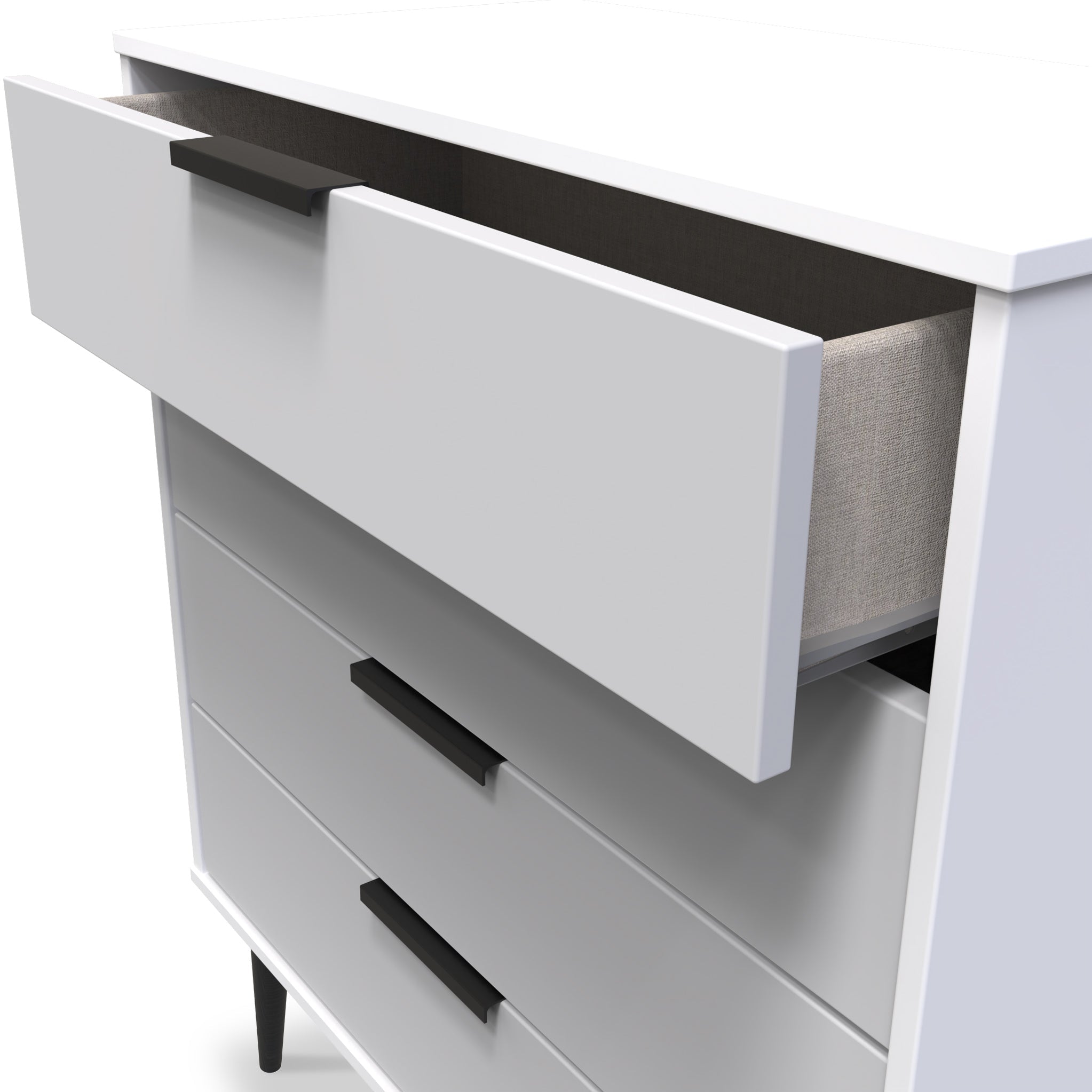 Commode Asher blanche à 4 tiroirs avec pieds noirs