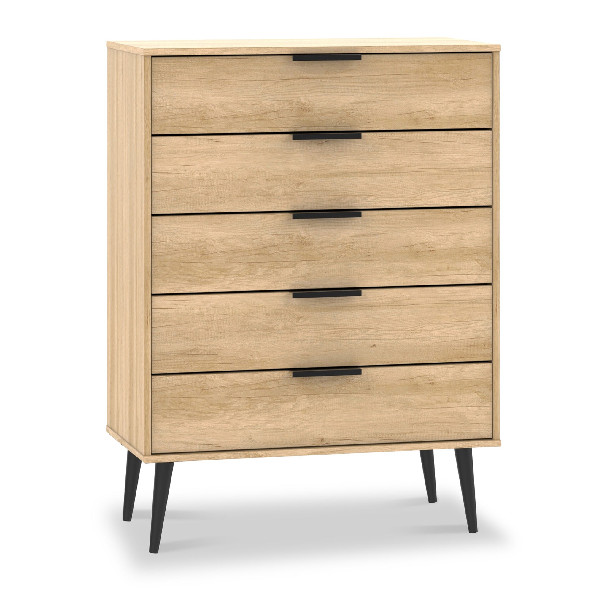 Commode Asher en chêne clair à 5 tiroirs avec pieds noirs