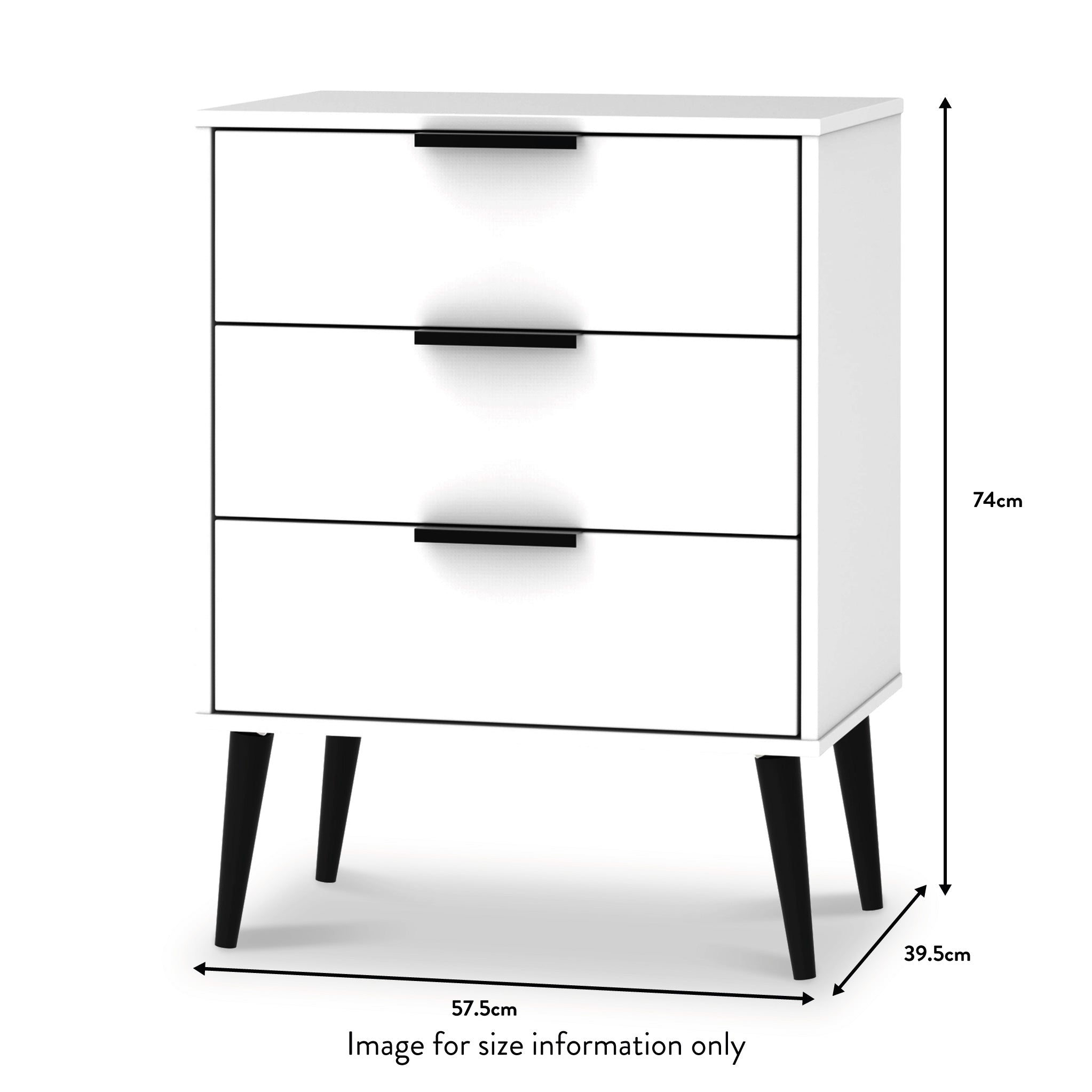 Meuble mi-mollet Asher blanc à 3 tiroirs avec pieds noirs