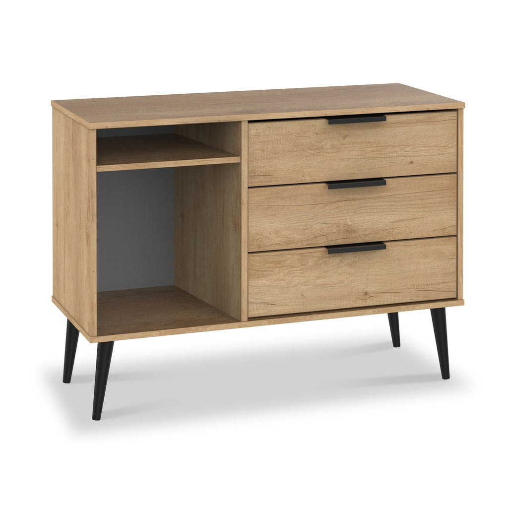 Meuble TV Asher en chêne clair à 3 tiroirs avec pieds noirs