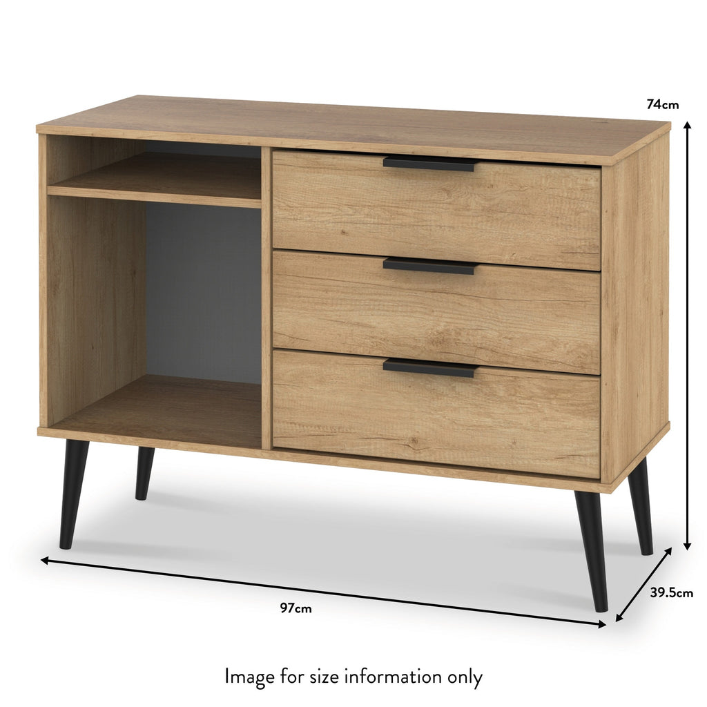 Meuble TV Asher en chêne clair à 3 tiroirs avec pieds noirs
