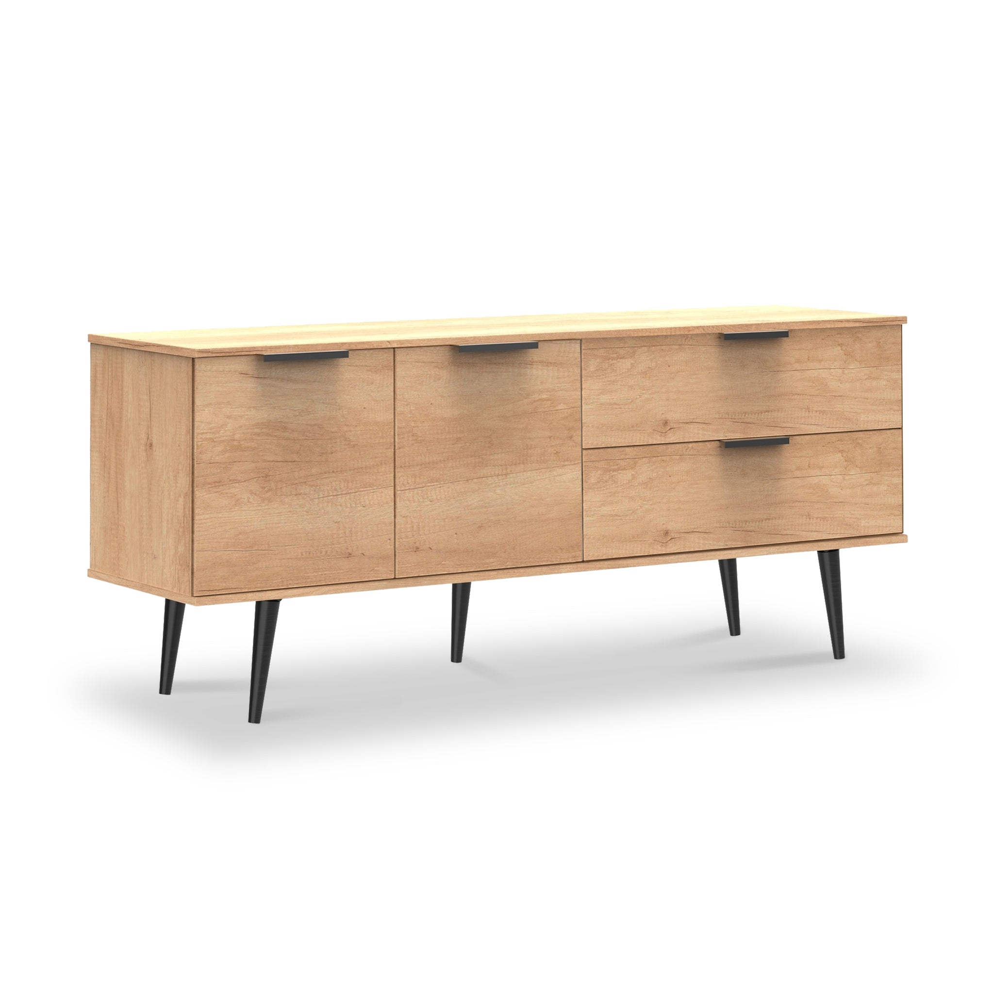 Buffet large Asher en chêne clair, 2 tiroirs et 2 portes, pieds noirs