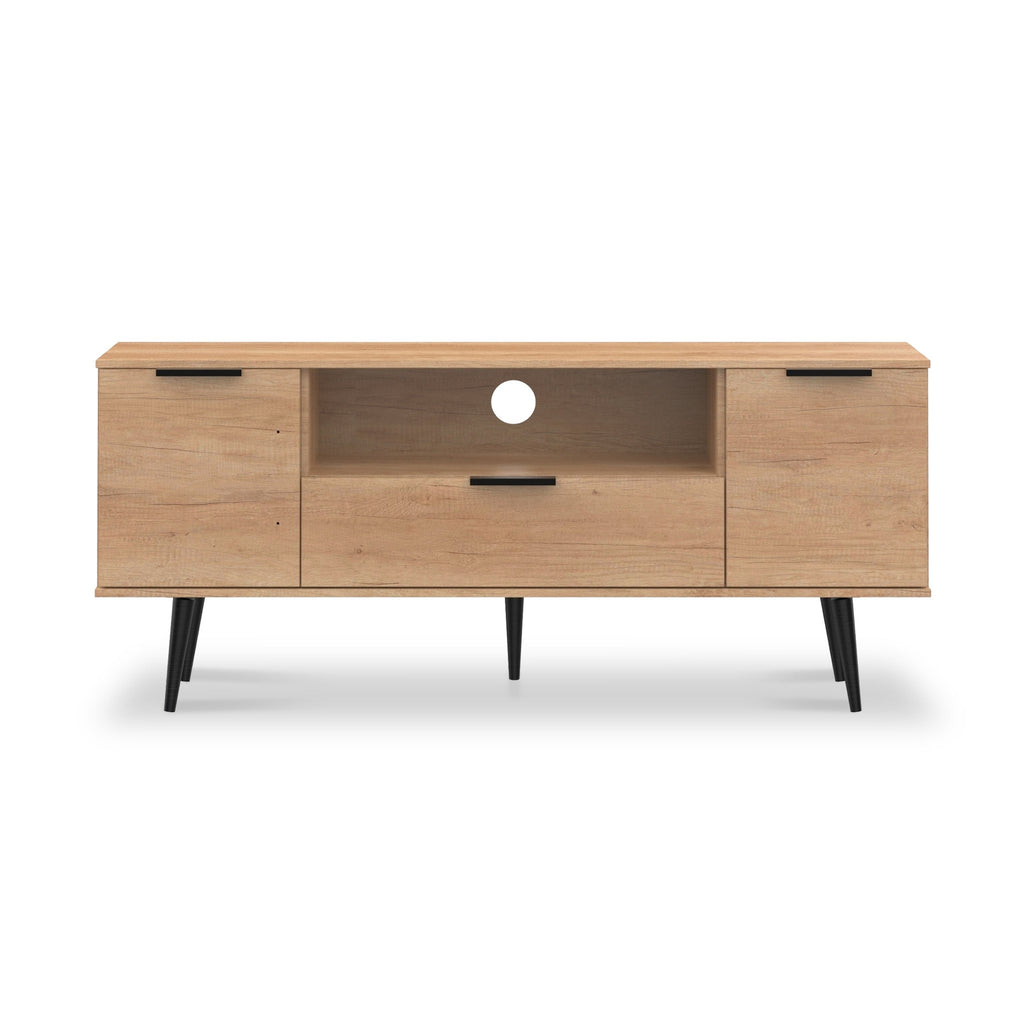 Meuble TV large Asher en chêne clair, 2 portes et 1 tiroir, pieds noirs