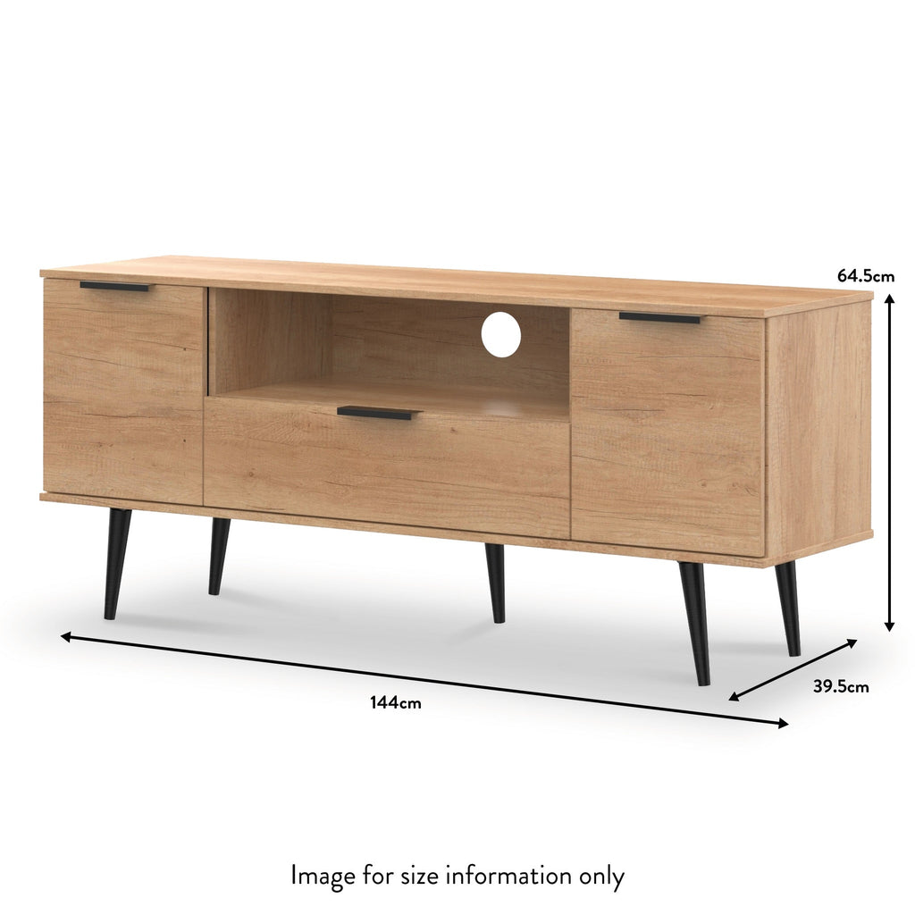 Meuble TV large Asher en chêne clair, 2 portes et 1 tiroir, pieds noirs