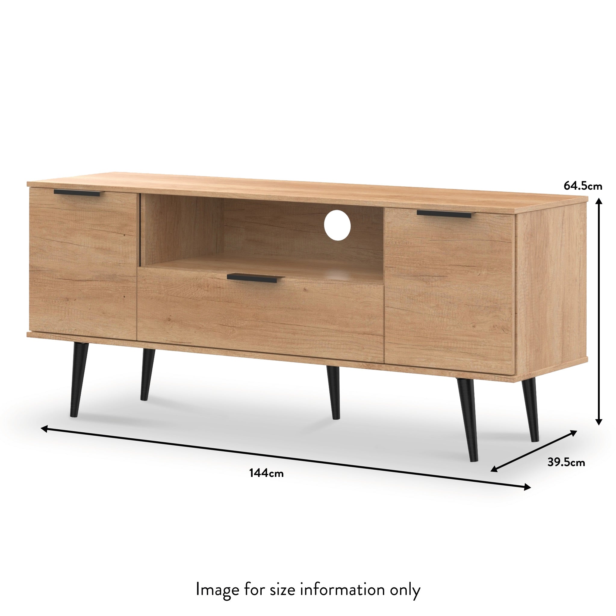 Meuble TV large Asher en chêne clair, 2 portes et 1 tiroir, pieds noirs