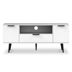 Meuble TV large Asher blanc à 2 portes et 1 tiroir avec pieds noirs