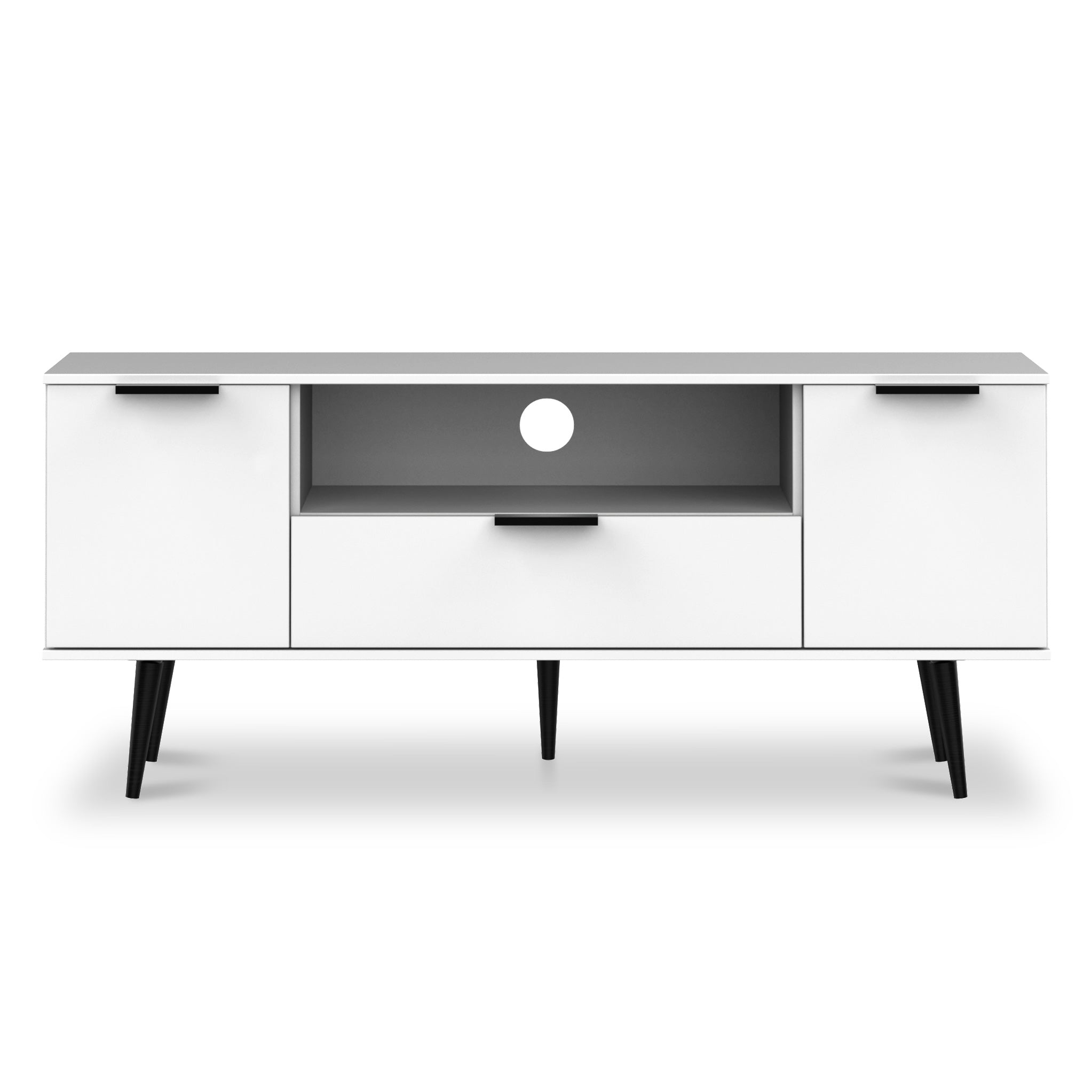 Meuble TV large Asher blanc à 2 portes et 1 tiroir avec pieds noirs
