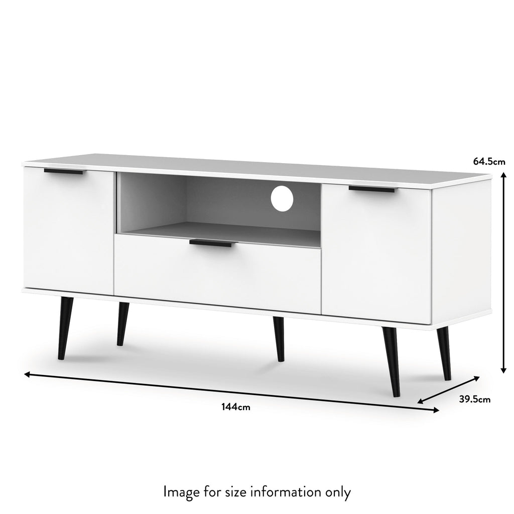 Meuble TV large Asher blanc à 2 portes et 1 tiroir avec pieds noirs