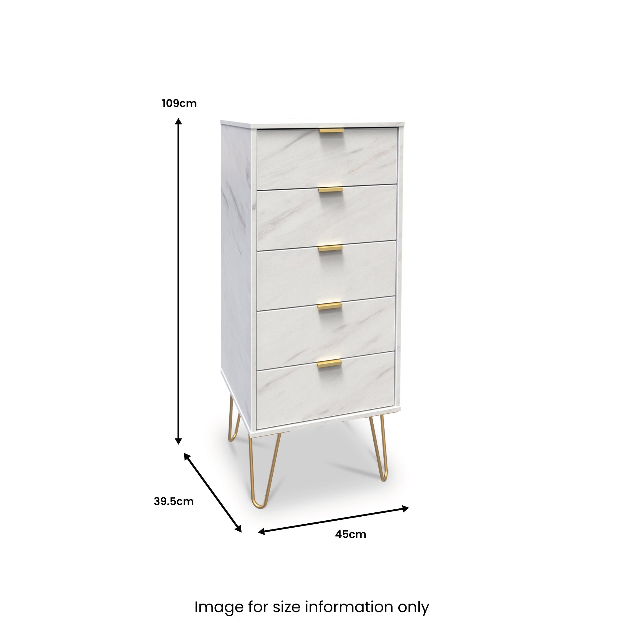 Commode haute à 5 tiroirs effet marbre Moreno