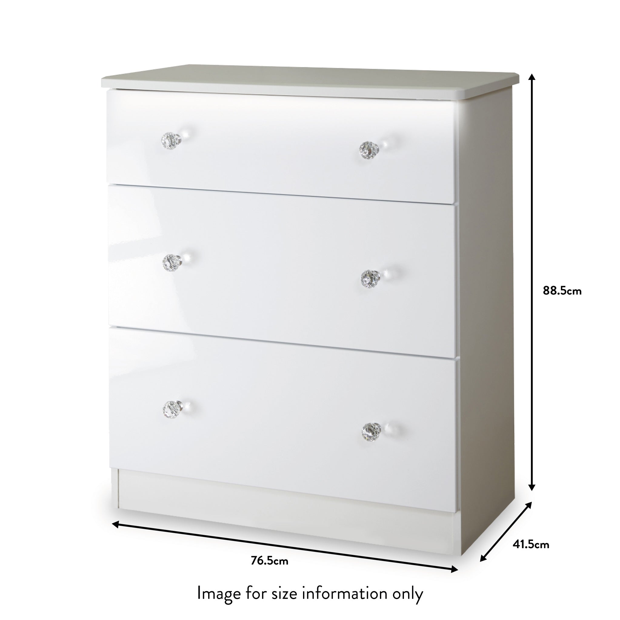 Commode profonde Aria blanche brillante avec éclairage LED, 3 tiroirs