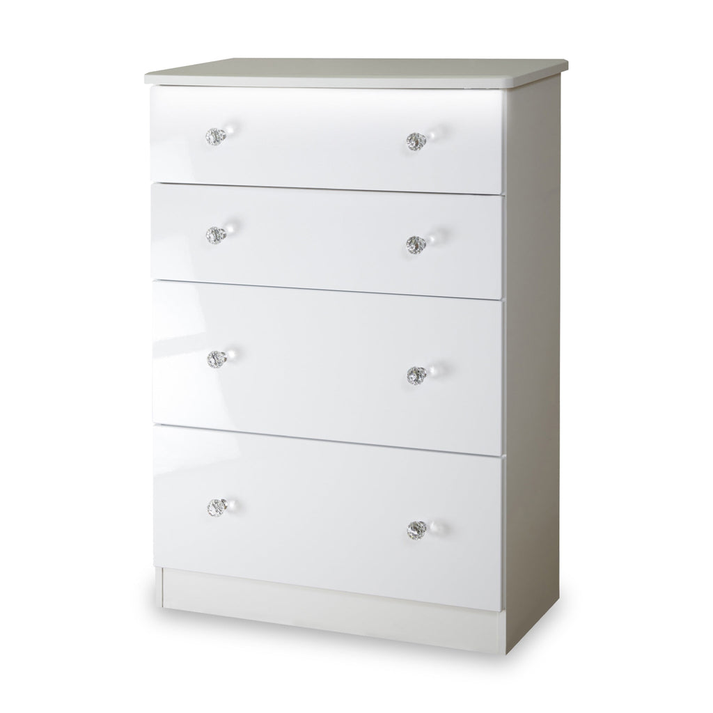 Commode profonde Aria blanche brillante avec éclairage LED, 4 tiroirs