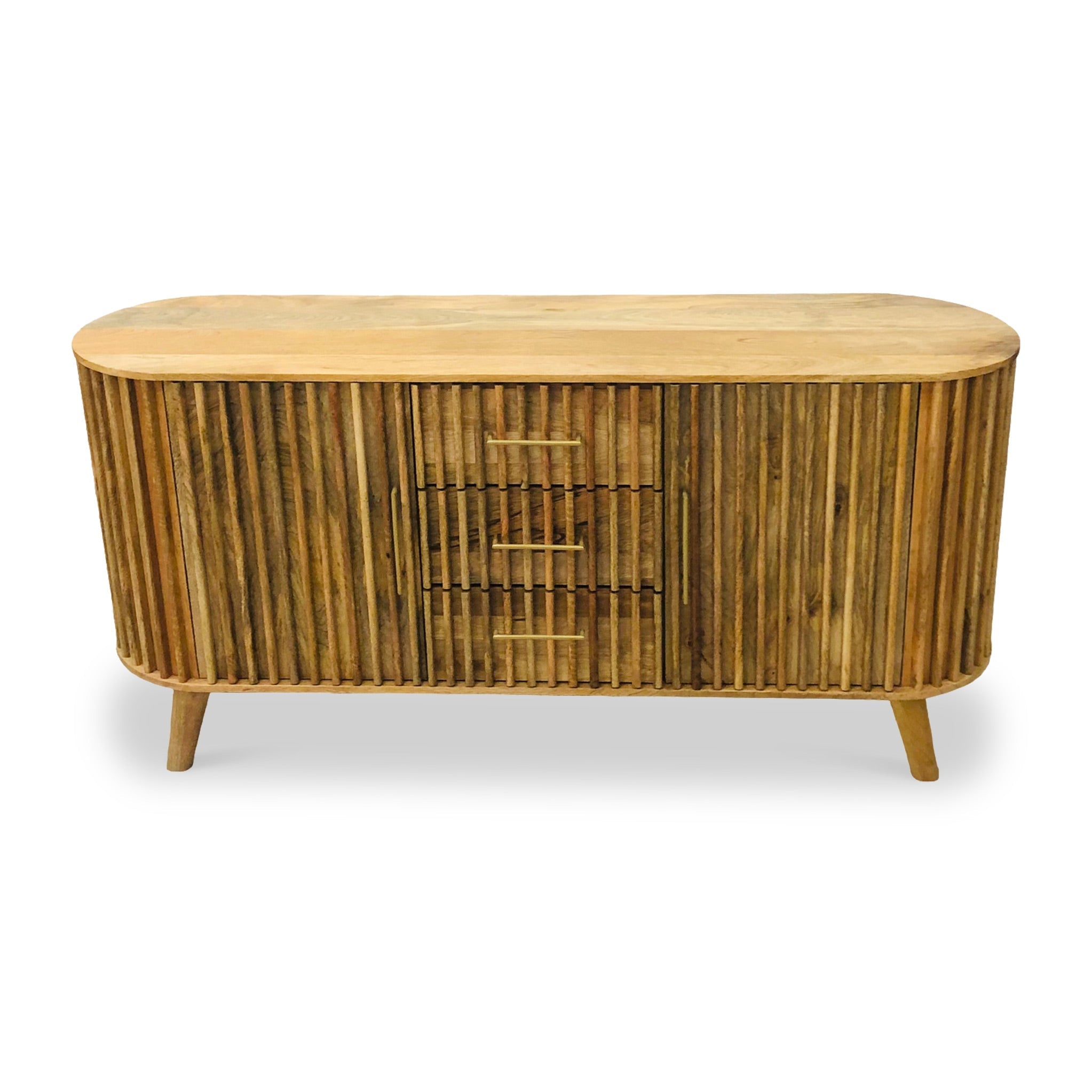 Buffet Leo à lattes en bois de manguier, 2 portes et 3 tiroirs