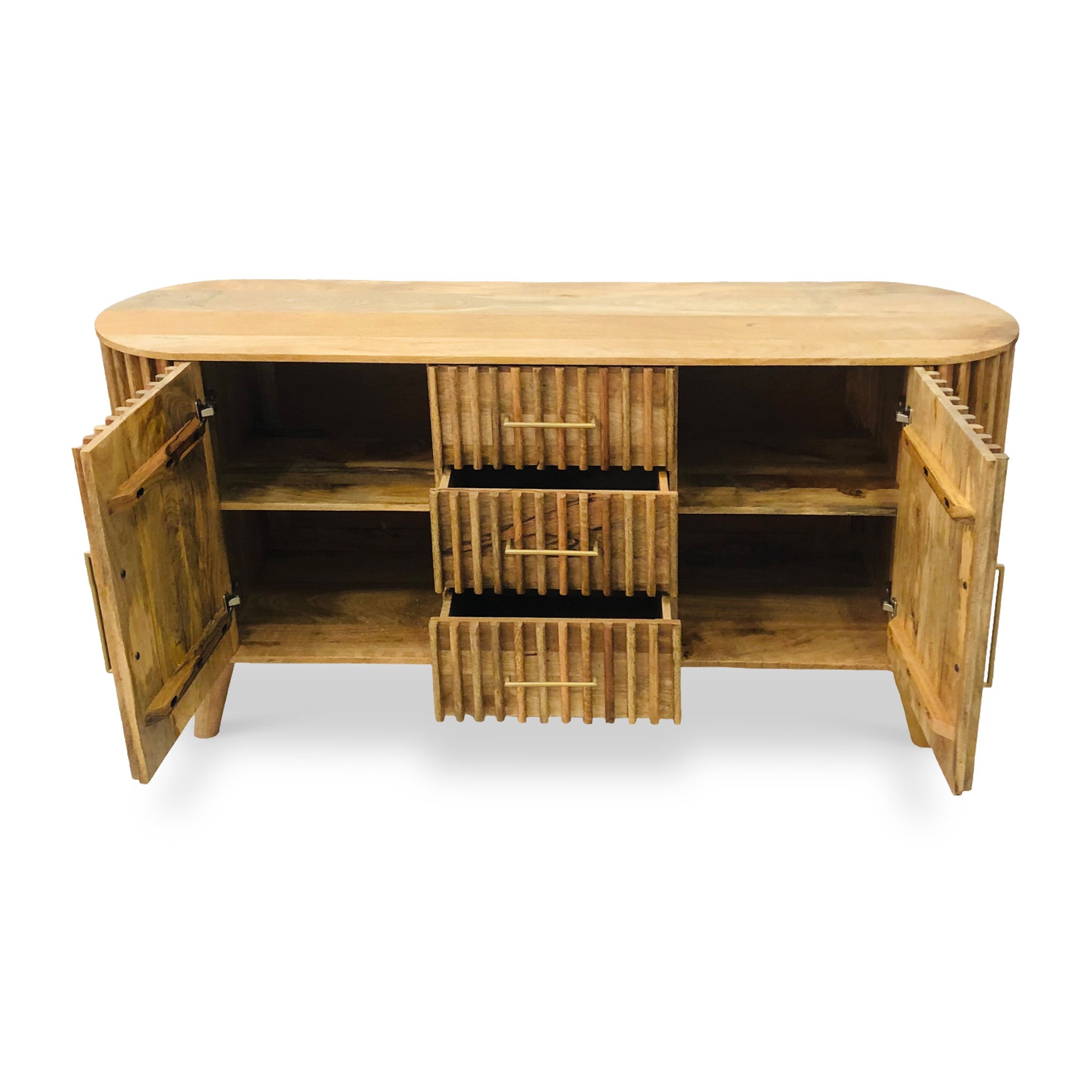 Buffet Leo à lattes en bois de manguier, 2 portes et 3 tiroirs