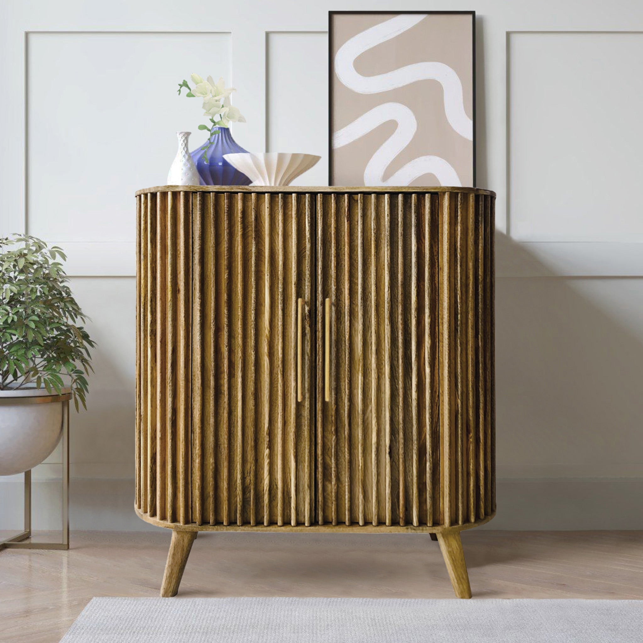 Buffet haut Leo à 2 portes en bois de manguier à lattes