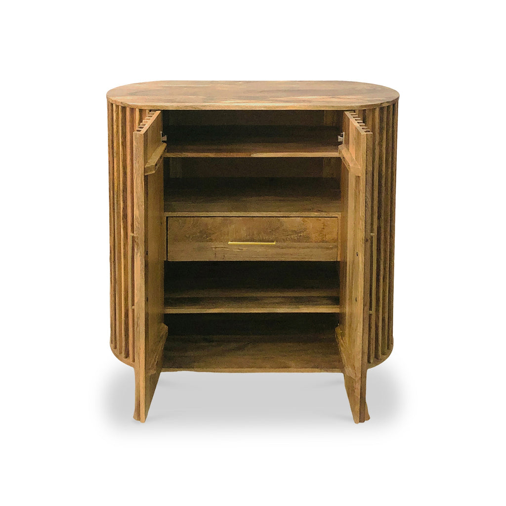 Buffet haut Leo à 2 portes en bois de manguier à lattes