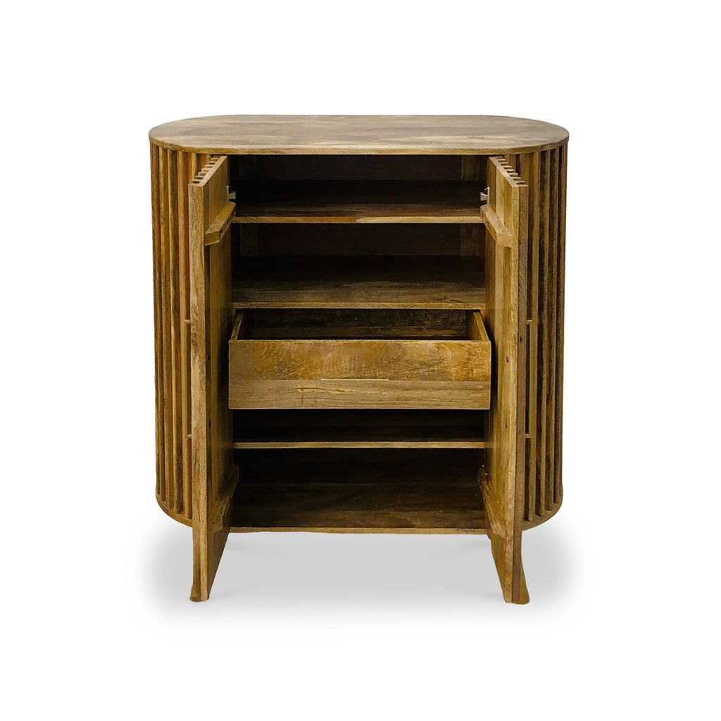 Buffet haut Leo à 2 portes en bois de manguier à lattes