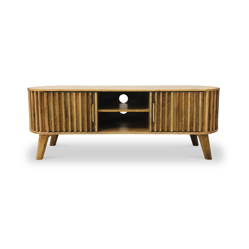 Meuble TV Leo à lattes en bois de manguier, 2 portes, grand format