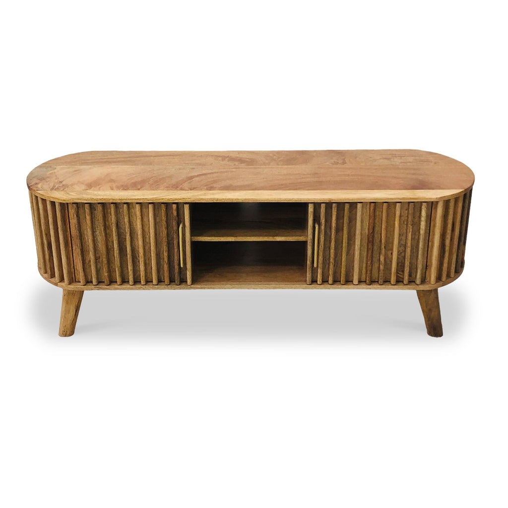 Meuble TV Leo à lattes en bois de manguier, 2 portes, grand format