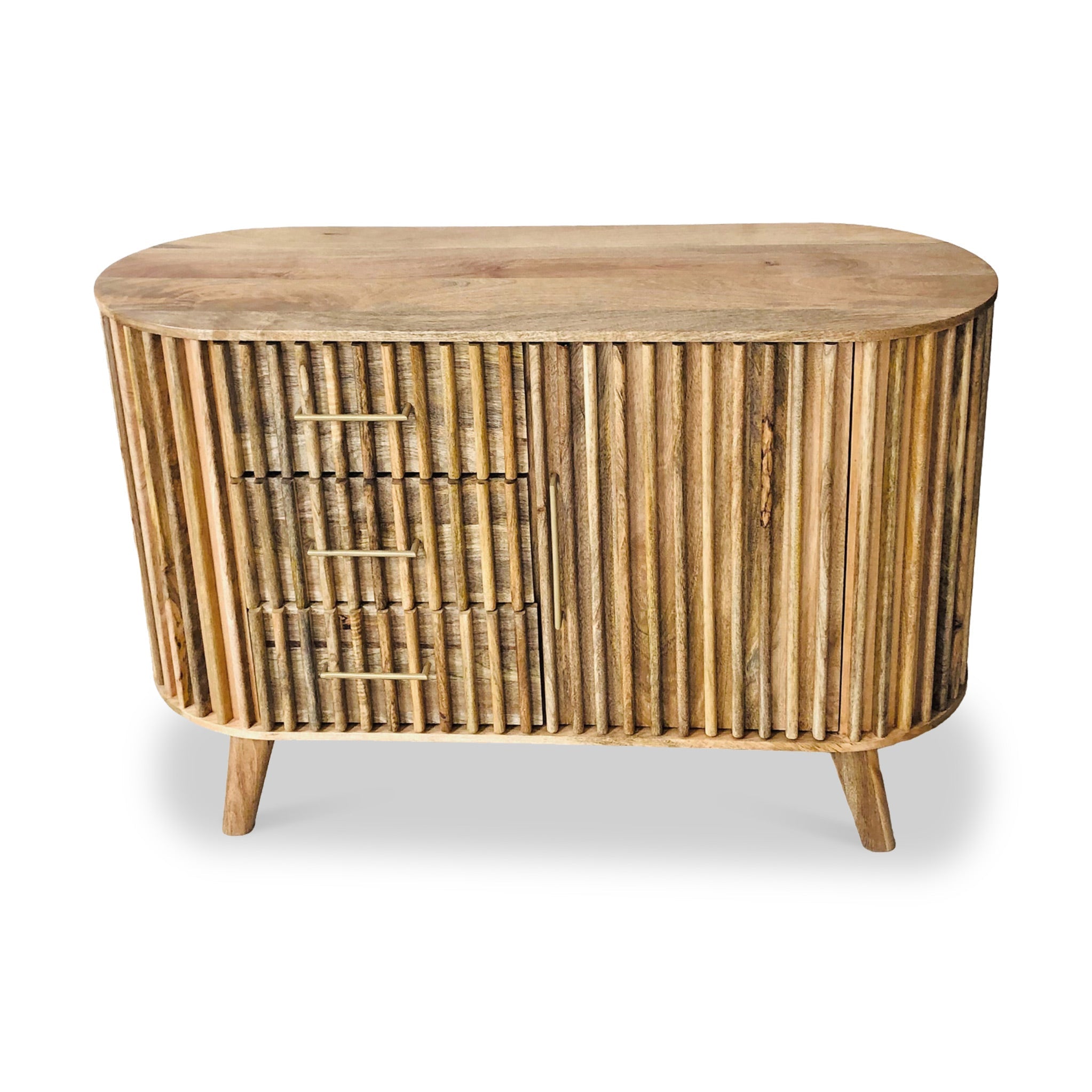Buffet Leo en bois de manguier à lattes, 3 tiroirs et 1 porte