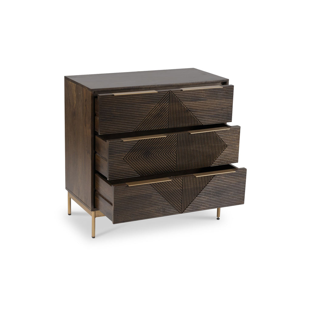 Commode Beau rainurée en bois de manguier brun à 3 tiroirs