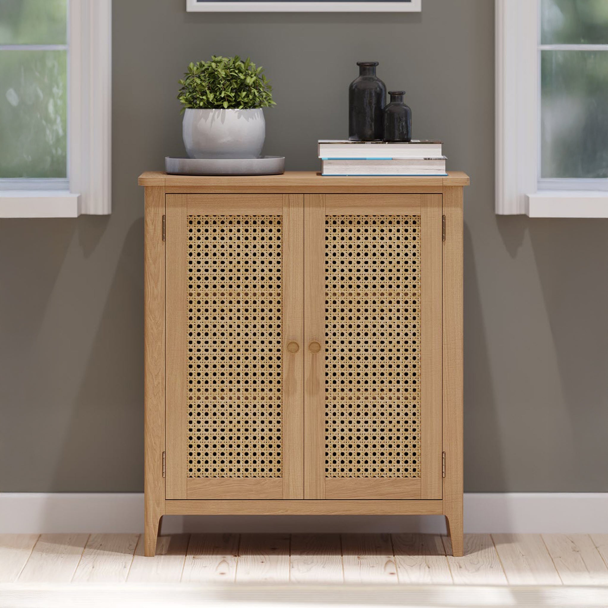 Petit placard Albany en chêne et rotin