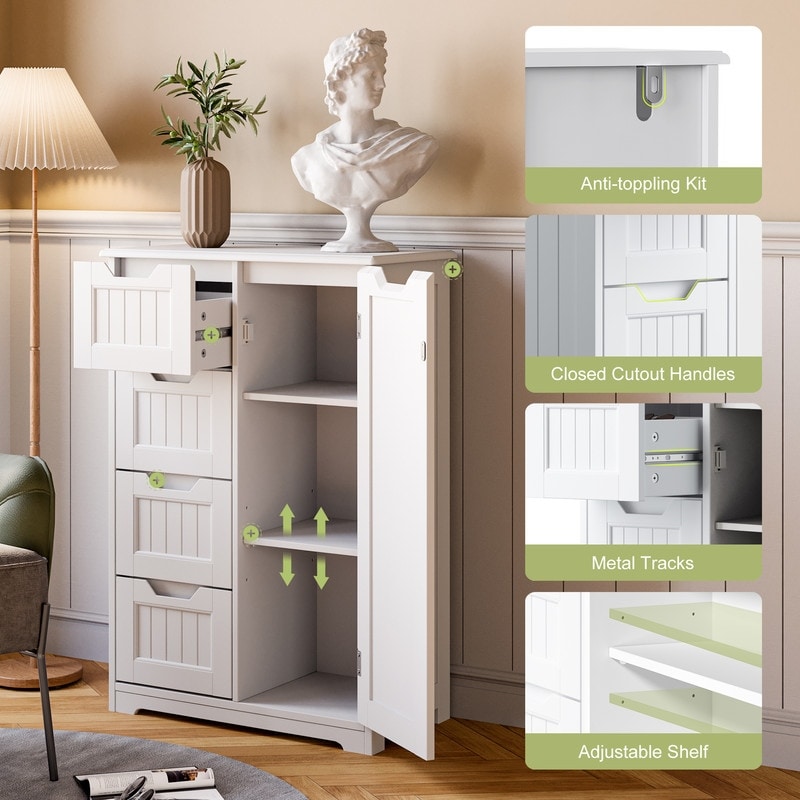 Bathroom Floor Storage Cabinet, Free-Standing Floor Storage Cabinet with 4 Draws and Adjustable Shelf